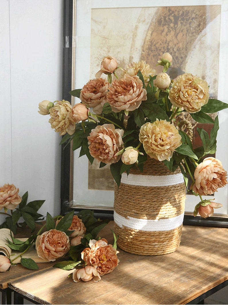 Faux Peony Stem with Bud, Artificial Flower Craft, Vintage Home Floral Decor, Wedding Party Bloom Arrangement, Dining Table Centerpiece Gift image 3