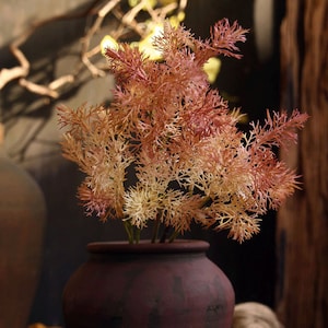 May include: A bouquet of dried, reddish-brown, fern-like foliage in a dark brown ceramic pot. The foliage is arranged in a vase with a rustic, textured surface.
