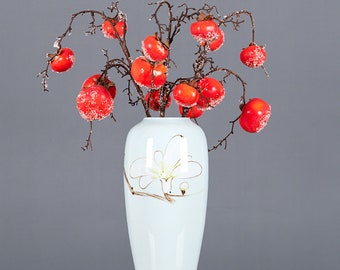 Artificial Winter Persimmon with Frost Fake Drooping Fruit Branch Home Lucky Plant Decoration Chinese Wedding Floral Arrangement Material