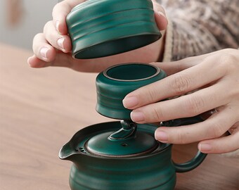 Japanese Dark Green Ceramic Tea Set Ceramic One Pot Two Cup Set Portable Travel Tea Set Chinese Kung Fu Tea Set Tea Culture Lovers Gift