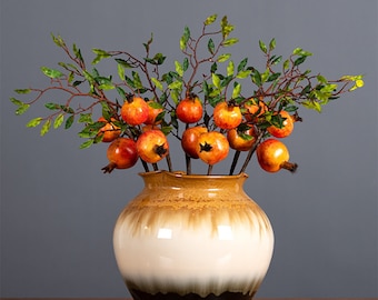 Artificial Pomegranate Branch, Quality Fruit Stem with Foliage, Fall Fake Berry Decor, Chinese Home Floral, Party Table Centerpiece Ornament