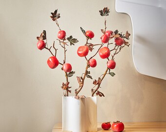 Faux Persimmon with Dead Leaves, Fake Twig with Fruit, Realistic Autumn Plant, Artificial Flower Craft, Wedding Bouquet Wreath Filler, Gift