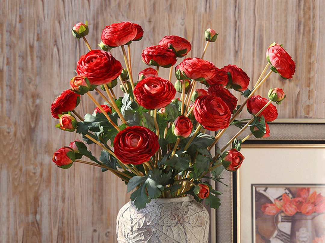 Artificial Ranunculus Flower Bundle With Leaves and Bud, Fake Buttercup ...