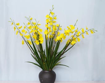 Faux Oncidium Orchid Spray with Leaves, Artificial Dancing Lady Flower, Tropical Wedding Centerpiece, Floral Arrangement, Home Bloom Decor
