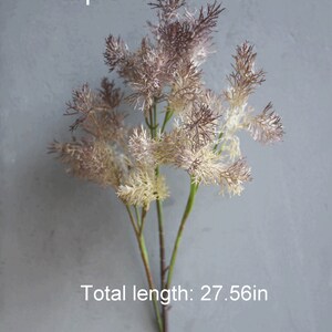 May include: Purple artificial flower sprig with a feathery texture. The stem is brown and the flower is a mix of light brown and purple. The total length is 27.56 inches.
