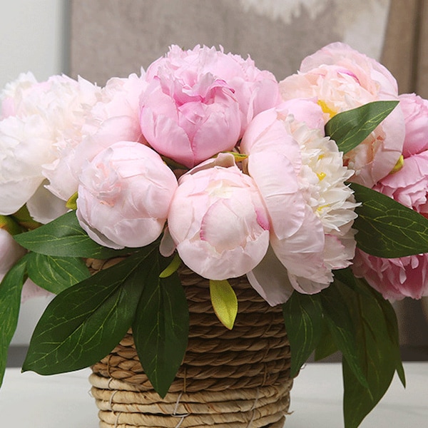 Faisceau de pivoine réaliste avec feuilles, artisanat de fleurs artificielles, faux bouquet de mariée, décor floral de la maison, arrangement de mariage, centre de table