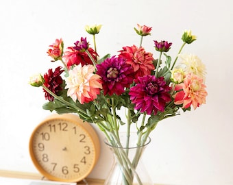 Real Touch Dahlia Stem with Bud, Artificial Chrysanthemum, Home Floral Decor, Bridal Bouquet Gift, Wedding Party Arrangement, Spray for Room