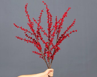 Quality Holly with Long Branch, Artificial Small Fruit Twig, Home Berry Decor, Living Room Floral, Floor Vase Filler, Wedding Arrangement