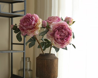 Fake Peony Stem with Bud, Artificial Flower, Dried Look Petal, Vintage Home Floral Decor, Wedding Arrangement Centerpiece, for Bride Bouquet