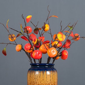Faux Kaki Obst Zweig mit Blättern, rustikale Herbstfrucht, künstliche Blumenhandwerk, Hausblumendekor, Hochzeit Party Tischdekoration