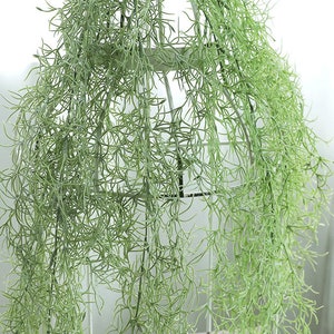 Puede incluir: Una planta artificial verde larga y colgante con hojas finas y vaporosas. La planta está colgada de un marco de metal blanco.