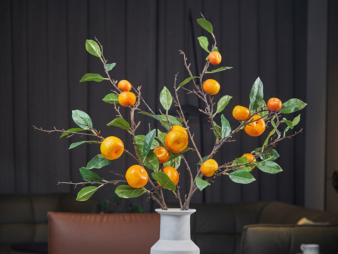 Orange Long Branch With Leaves, Fake Kumquat Sprig, Realistic Citrus
