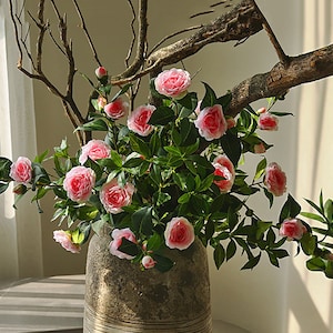 Camellia Flower Branch with Buds, Artificial Flower Crafts, Realistic Fake Bloom, Home Floral Decor, Wedding Party Arrangement Centerpiece