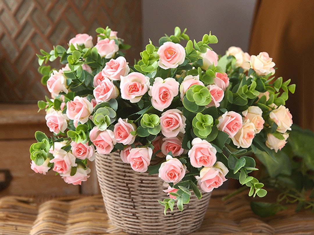 Small Rose Bouquet With Foliage, Artificial Rosa and Eucalyptus Bundle