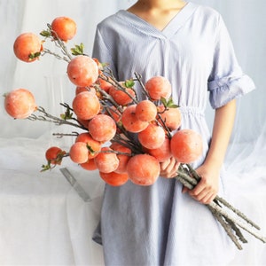 Persimmon mit langem Ast, Künstlicher Obststiel, Home Floral Dekor, Hochzeit Blumenarrangement, Bodenvasenfüller, Tischmitte