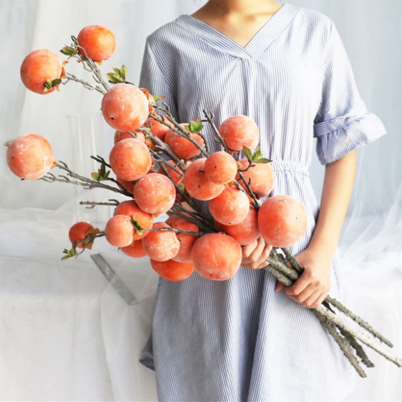 Persimmon with Long Branch, Artificial Fruit Stem , Home Floral Decor, Wedding Flower Arrangement, Floor Vase Filler, Table Centerpiece Pick image 1