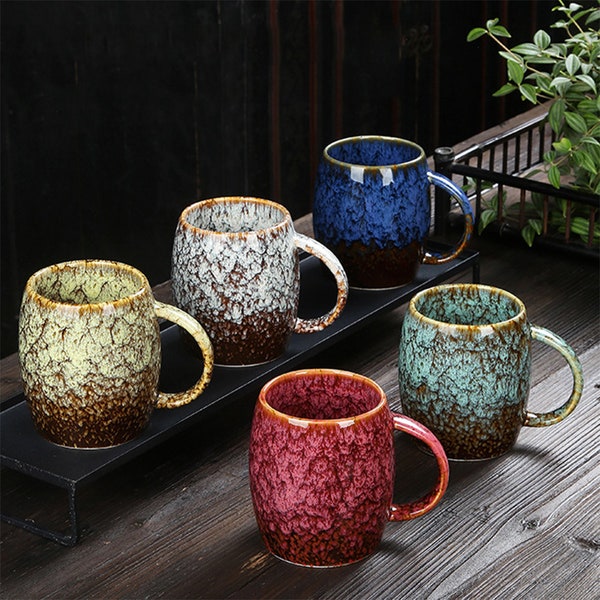 Tasse en céramique de four émaillé faite à la main, tasse en poterie simple de grande capacité, porcelaine craquelée créative, tasses à café domestiques de bureau avec poignée