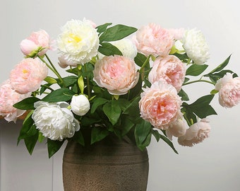 Peony Stem with Leaves, Artificial Flower Crafts, Realistic Floral Decor, Home Bloom Ornament, for Wedding Bouquet, Dining Table Centerpiece