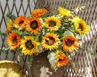 Tallos de girasol de tacto real con hojas, artesanías de flores artificiales, decoración floral de la sala de estar, para guirnalda de ramo, pieza central de fiesta de boda