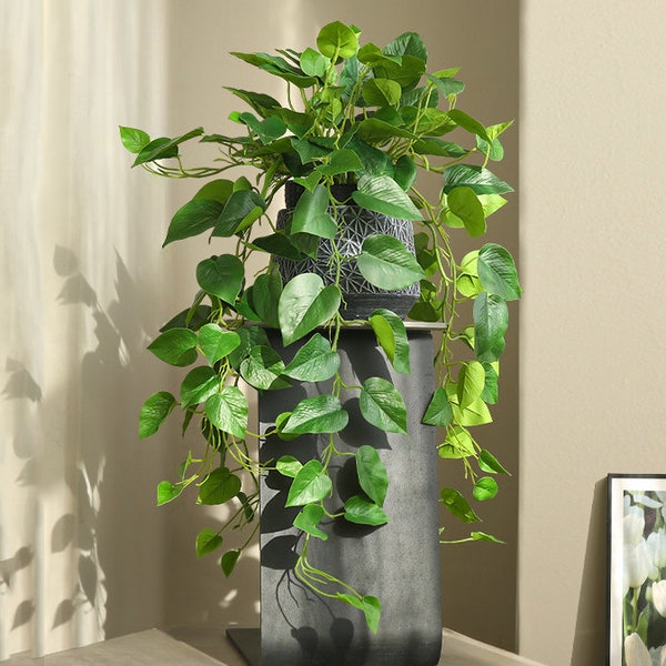 Gefälschte Epipremnum Aureum Wandbehang mit Topf, Faux Pothos Wanddekor, Spuren Blattrebe Pflanze Handwerk, künstliches Grün, Grünhausdekor