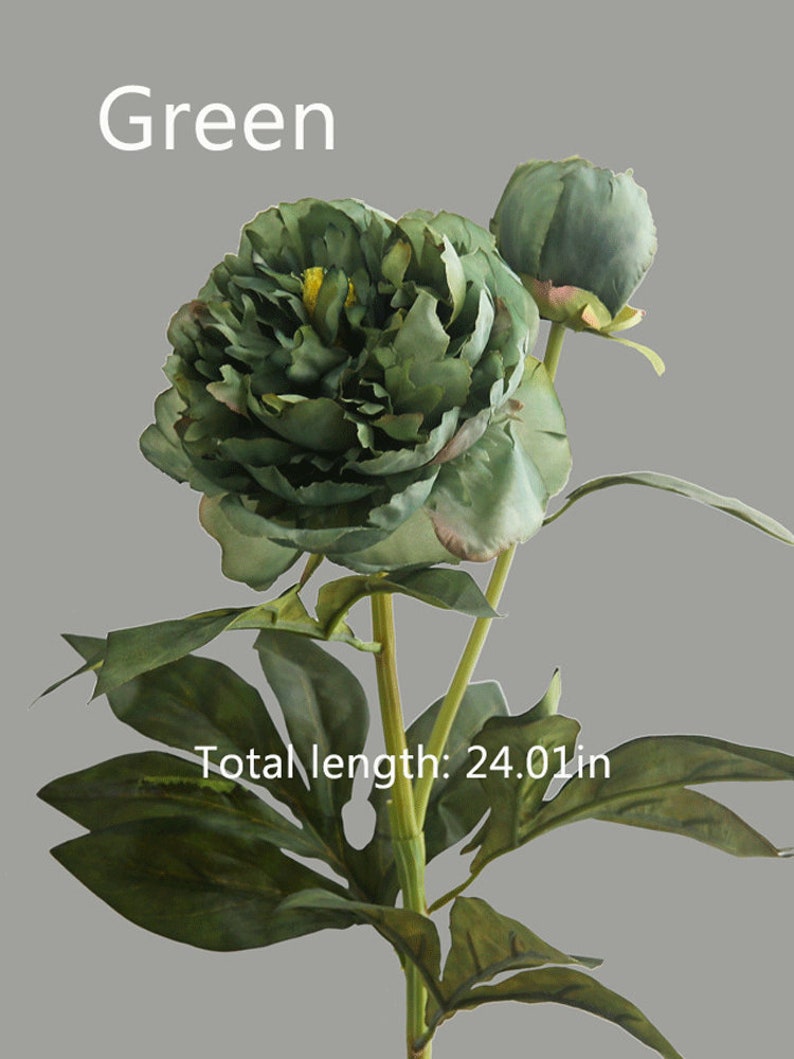 Faux Peony Stem with Bud, Artificial Flower Craft, Vintage Home Floral Decor, Wedding Party Bloom Arrangement, Dining Table Centerpiece Gift Green