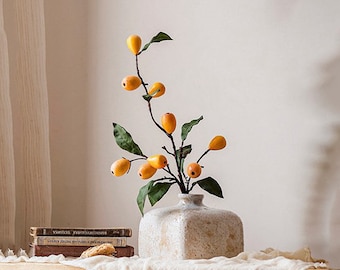 Fake Loquat Fruit Long Branch with Leaves, Autumn Rustic Berry Craft, Artificial Flowers, Home Floral Decor, Wedding Party Plant Arrangement