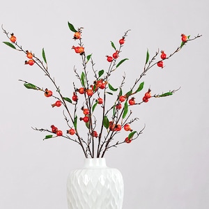 Kleiner Granatapfel Langer Ast künstlich, Realistische Beere mit Blattwerk, Mini Obst Dekor, Chinesisches Haus BlumenArrangement, Bodenvase Füller