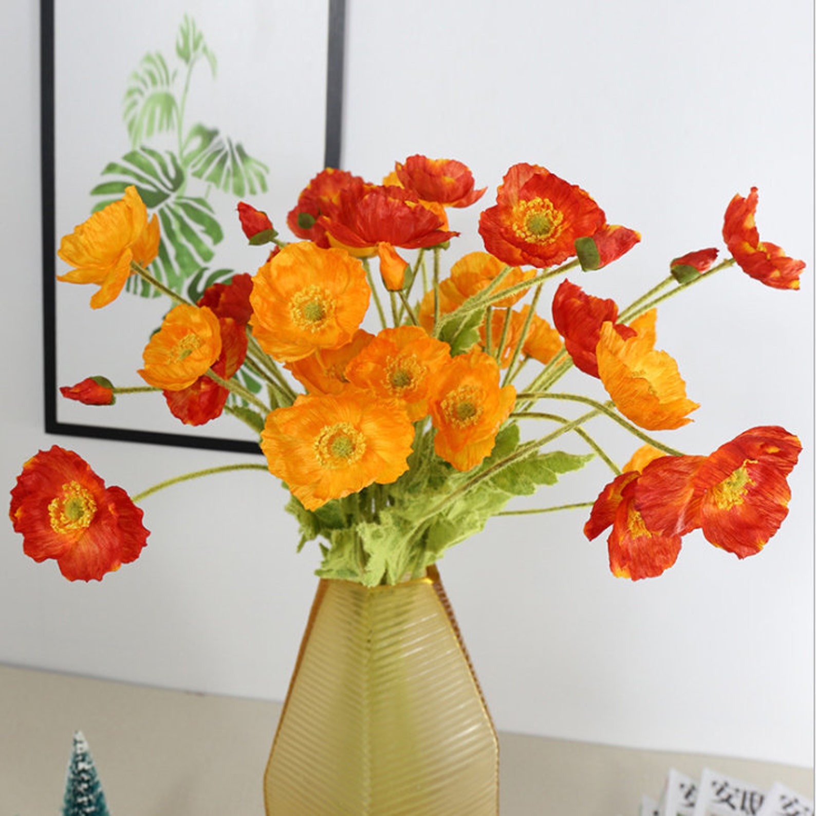 Artificial Poppy Stem Fake Flower With Foliage Wedding Floral Decor