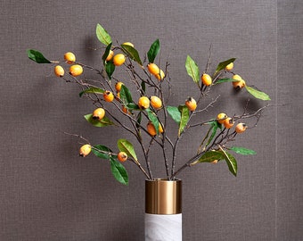Rama larga de fruta de níspero con hojas, artesanía de bayas falsas, fruta silvestre rústica, flor artificial, decoración floral del hogar, arreglo de fiesta de bodas