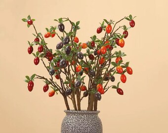 Rama pequeña de fruta de caqui, tallos falsos de tomate cherry, artesanía de bayas de otoño, flores artificiales, decoración floral del hogar, arreglo de boda, regalo