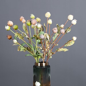 Artificial Poppy Fruit Stem with Leaves, Autumn Rustic Fruit, Home Plant Decor, Bouquet Wreath Filler, for Wedding Party Floral Arrangement