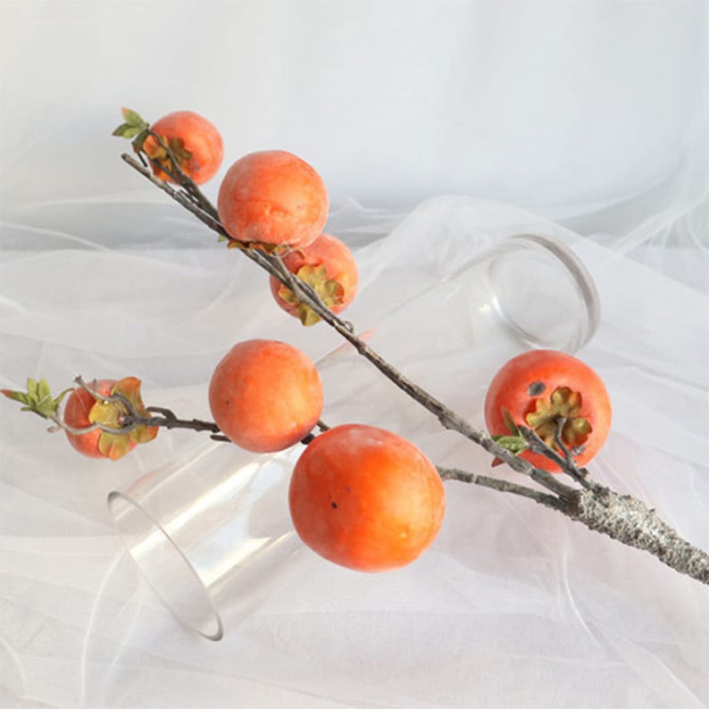 Persimmon with Long Branch, Artificial Fruit Stem , Home Floral Decor, Wedding Flower Arrangement, Floor Vase Filler, Table Centerpiece Pick image 5