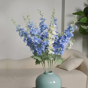 Fake Delphinium with Leaves, Silk Delphinium Flowers, Artificial Flower Crafts, Bloom for Bridal Bouquets, Wedding Arrangement Centerpiece