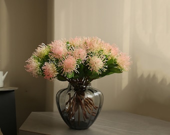 Tallo de flor de cojín de alfiler falso con hojas, artesanía de flores tropicales, flor artificial, decoración floral del hogar, arreglo de boda, para ramo