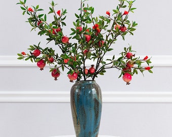 Quality Pomegranate Branch with Flower, Artificial Leafy Fruit Long Stem, Chinese Home Floral, Rustic Wedding Party Decor, Indoor Plant Gift