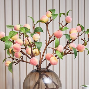 Peach Branch with Leaves, Fake Peach Fruit, Artificial Flower Crafts, Home Floral Decor, Wedding Party Arrangement, Dining Table Centerpiece