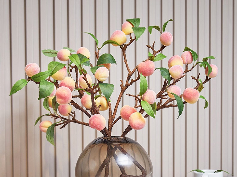 Peach Branch with Leaves, Fake Peach Fruit, Artificial Flower Crafts, Home Floral Decor, Wedding Party Arrangement, Dining Table Centerpiece
