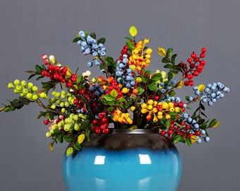 Berry Branch with Leaves, Rustic Small Wild Fruit Craft, Artificial Flower, Home Floral Decor, Wedding Party Floral Arrangement, for Bouquet