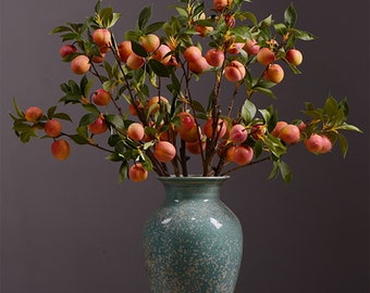 Quality Apricot Fruit Long Stem, Artificial Plum with Leaf Branch, Home Floral Decor, Wedding Party Arrangement, Living Room Plant Ornament