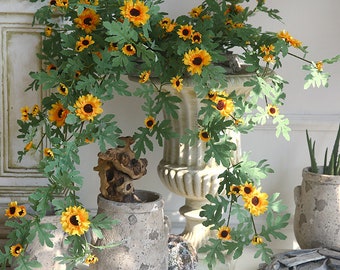 Climbing Sunflower with Long Cane, Artificial Trailing Daisy and Bud, Wall Hanging Flower and Rich Foliage, Wedding Party Arch Arrangement
