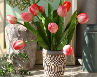 Quality Tulip with Leaf Artificial Flower and Foliage Wedding Party Floral Decor Bridal Bouquet Material Home Plant Arrangement for Table