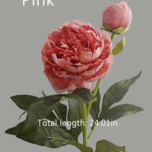 May include: A single pink artificial peony flower with a bud, with green leaves and a stem. The flower is 24.01 inches long.