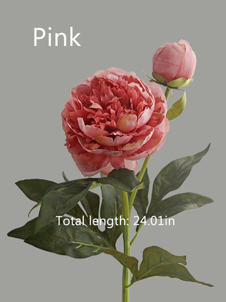 May include: A single pink artificial peony flower with a bud, with green leaves and a stem. The flower is 24.01 inches long.