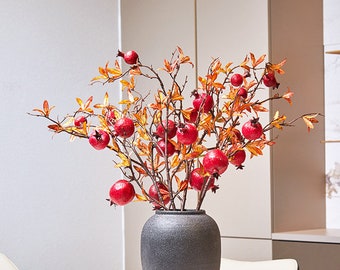 Fall Pomegranate Branch with Dried Leaves, Rustic Fruit Craft, Artificial Flower, Vintage Home Floral Decor, Wedding Party Plant Arrangement