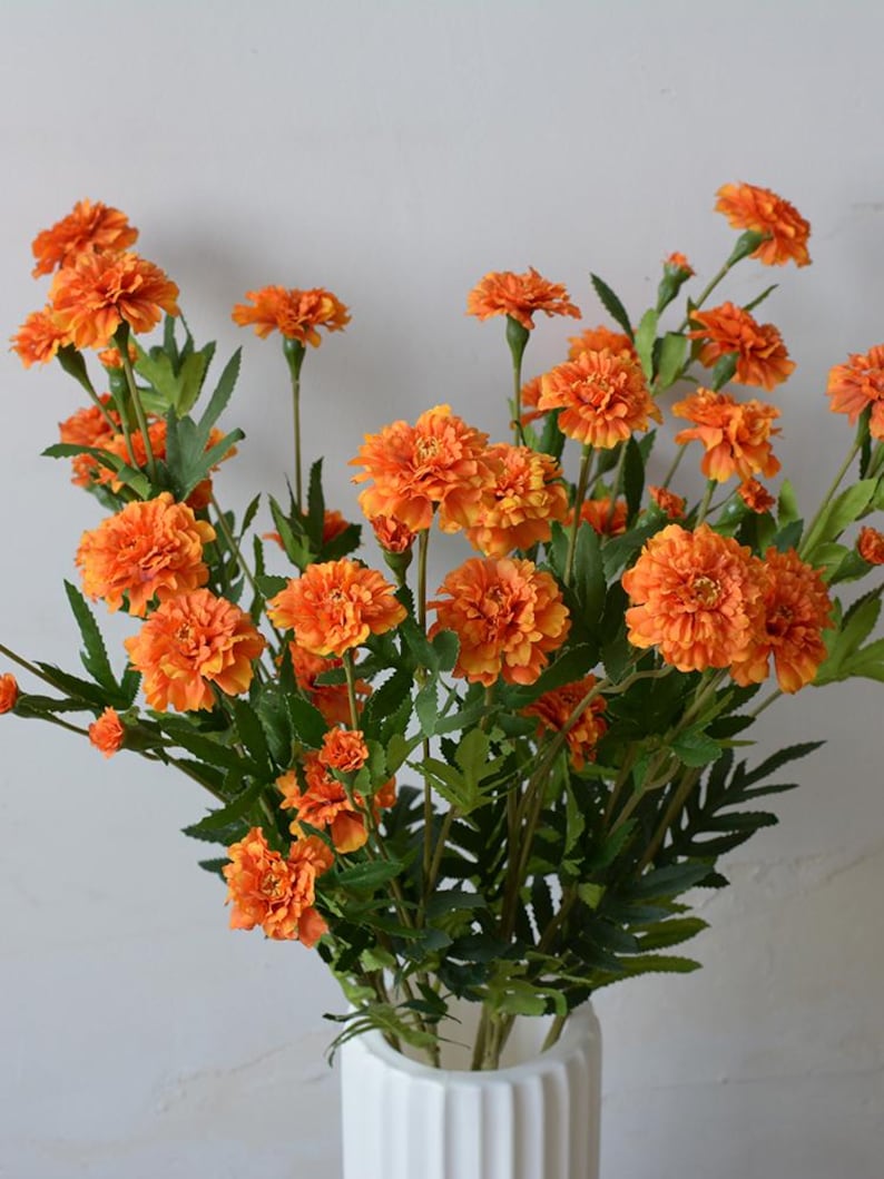 Puede incluir: Un ramo de flores de cal&eacute;ndula naranja con hojas verdes en un jarr&oacute;n blanco. Las flores est&aacute;n dispuestas en un jarr&oacute;n con una superficie texturizada.