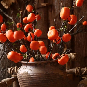 Rustic Artificial Persimmon Fruit Retro Red Fake Persimmon Fruit with Frost Persimmon Fruit Tree Branch Flower Decor Ornaments Friuts floral