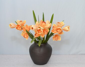 Faux Cymbidium Orchid Stem, Artificial Orange Tropical Flower Spray, for Wedding Vase Home Decor, Floral Arrangement, Table Centerpieces