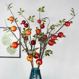 Pomegranate Long Branch with Leaf, Artificial Lucky Fruit Stem, Home Floral Decor, Indoor Spray Craft, Lounge Arrangement, Floor Vase Filler