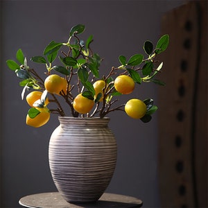Artificial Small Lemon Tree Branch Fake Fresh Fruit Arrangement Faux Lime Stem with Leaf Table Floral Centerpiece Photography Citrus Prop