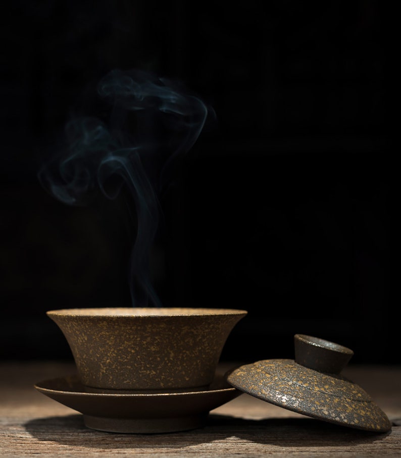 Pottery Tea Cupwith Lid and Teacup Coaster,Handmade Tea Ceremony Accessorie,Household Tea bowl,Hand-Held Tea Pot,Pottery Crafts